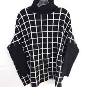 Joseph A Sweater‎ Womens Oversized Turtleneck Shawl Window Pane Flowy Black